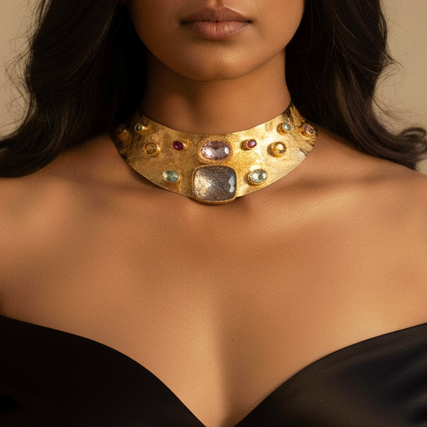 Woman wearing a black off-shoulder top and a gold necklace with a beige background