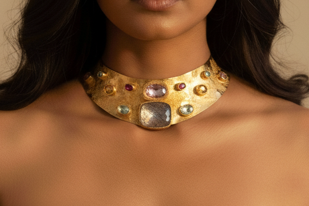 Woman wearing a black off-shoulder top and a gold necklace with a beige background