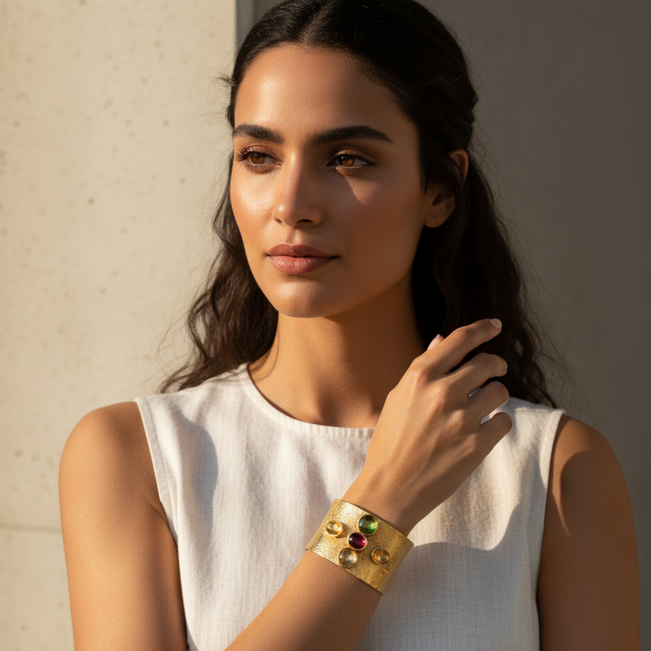 Woman wearing a gold bracelet with gemstones against a neutral background