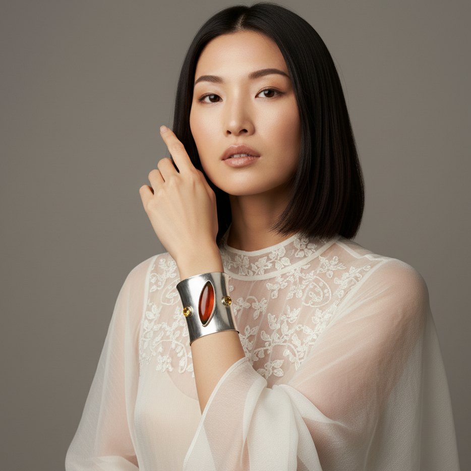 Woman wearing a silver bracelet with a red gemstone against a neutral background