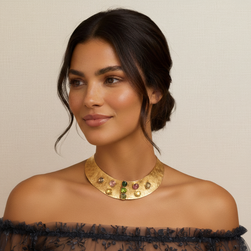 Woman wearing a gold necklace with a beige background