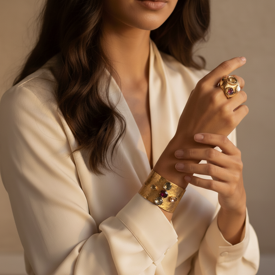 Woman wearing a gold ring and bracelet against a neutral background