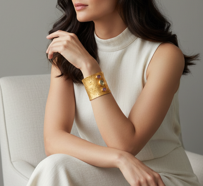 Woman wearing a gold bracelet sitting on a chair against a gray background